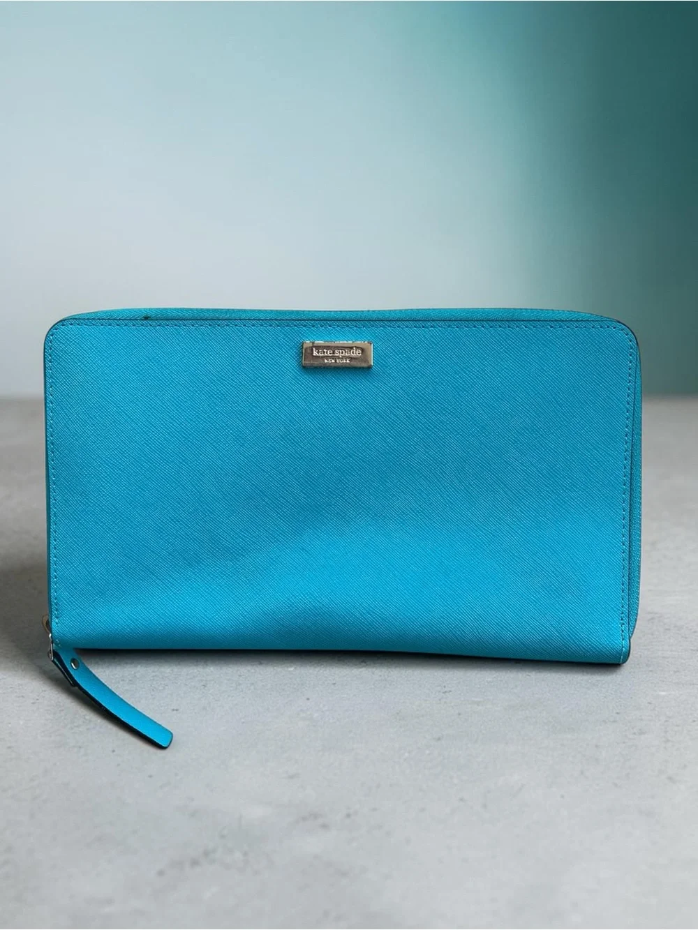 Kate Spade New York Teal Saffiano Leather Zip Around Wallet Clutch